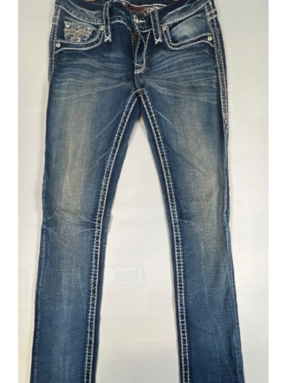 Rock Revival Leni Straight Leg Jeans Women Size 25 Blue Embellished Pocket Denim